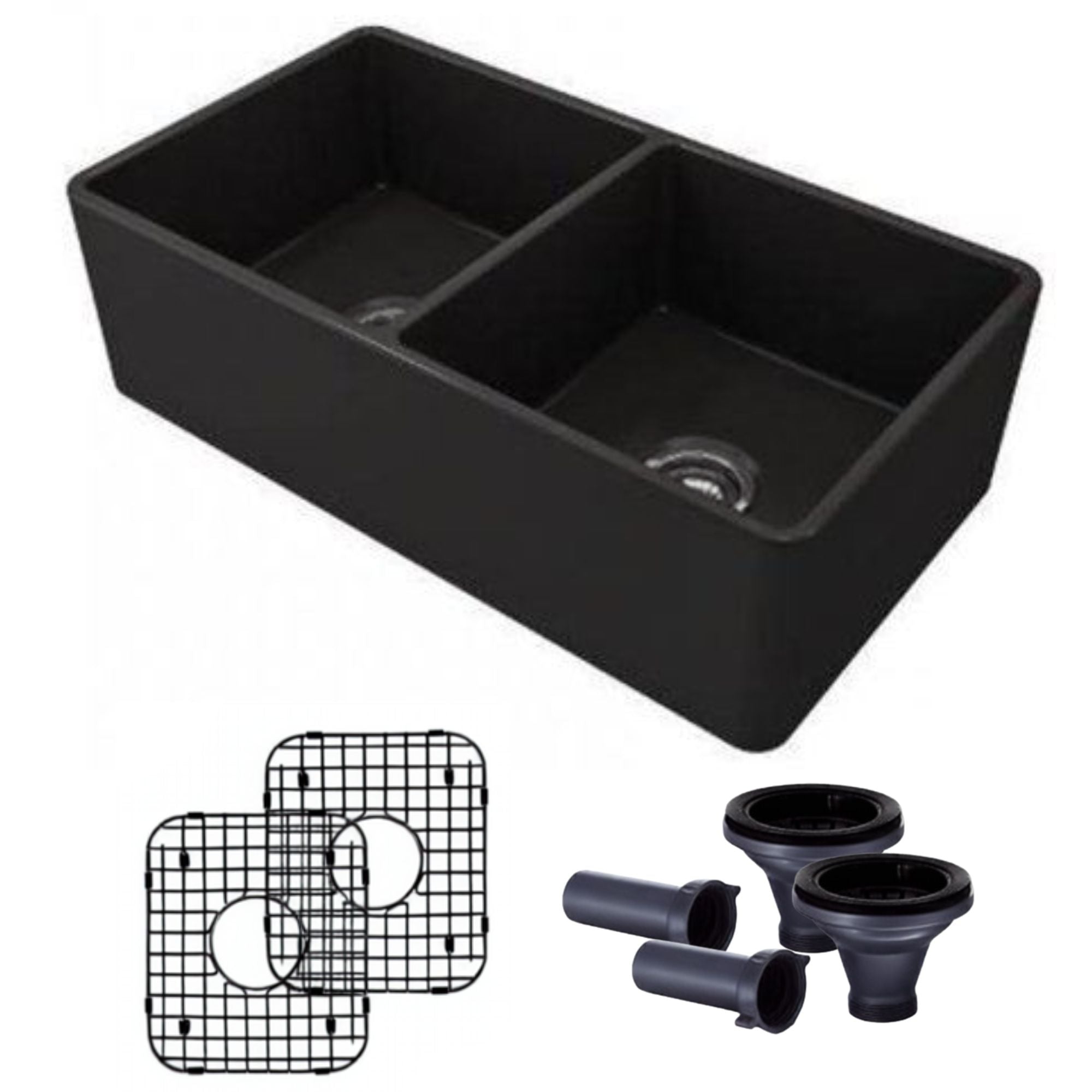 33x19 Tablier Double Evier de Cuisine Farmhouse en Granit Noir Composite 50/50 avec Grilles