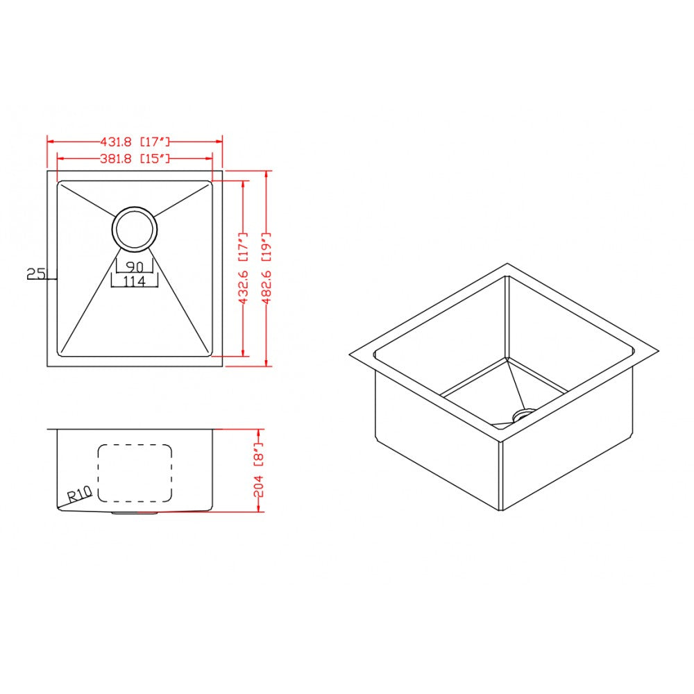 Évier de cuisine, 17 x 19'', acier inoxydable