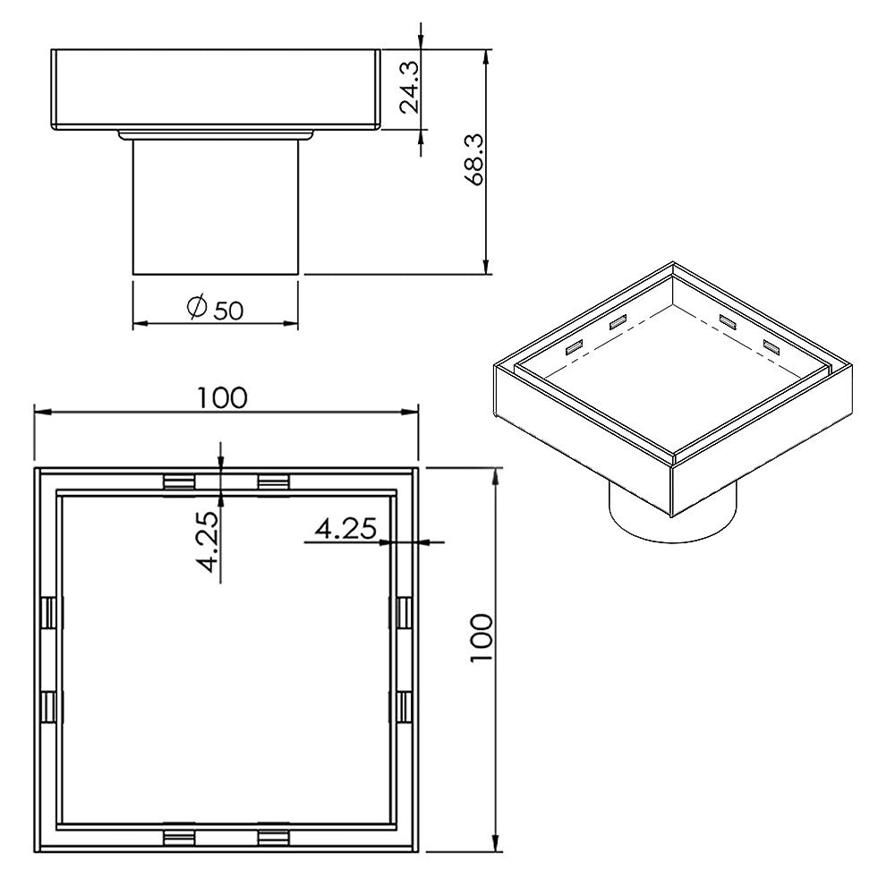 Drain 4x4" en acier inoxydable fini brossé