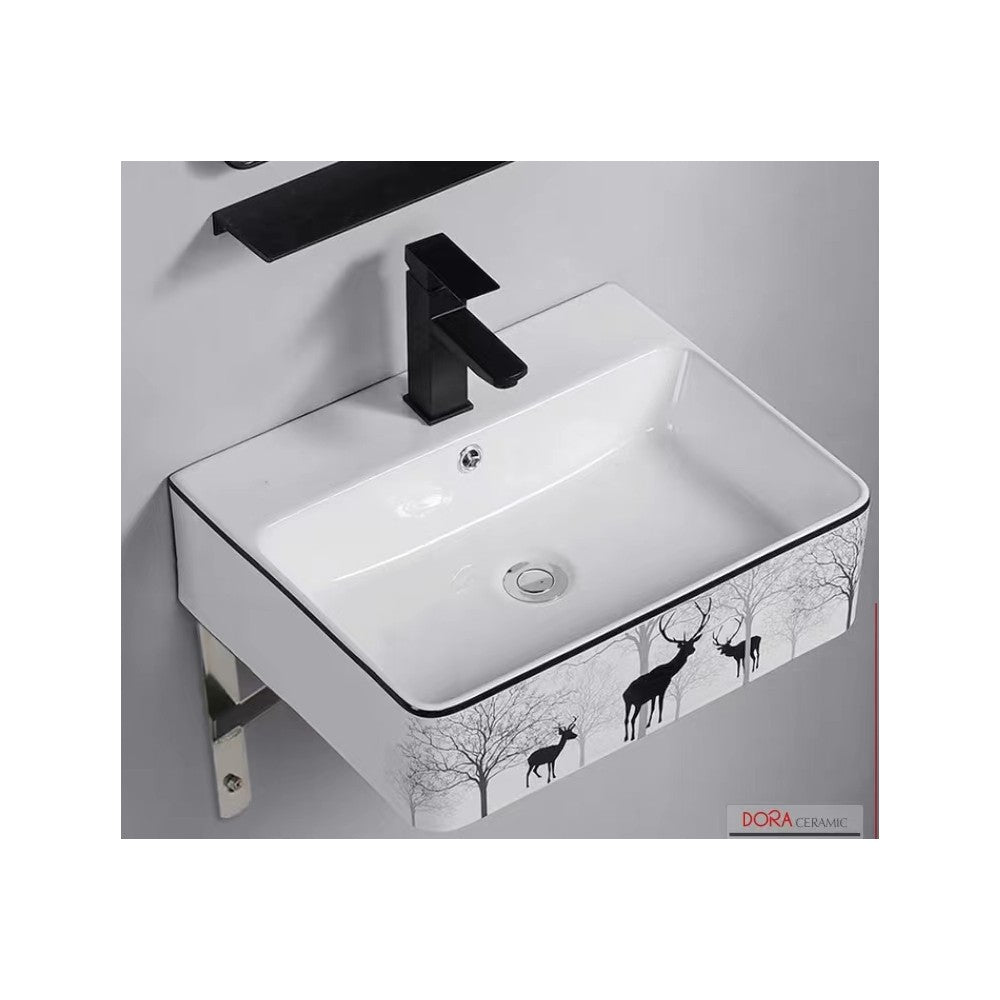 Kali, lavabo rectangulaire en porcelaine avec fini blanc lustré, rebord lustré et graphiques