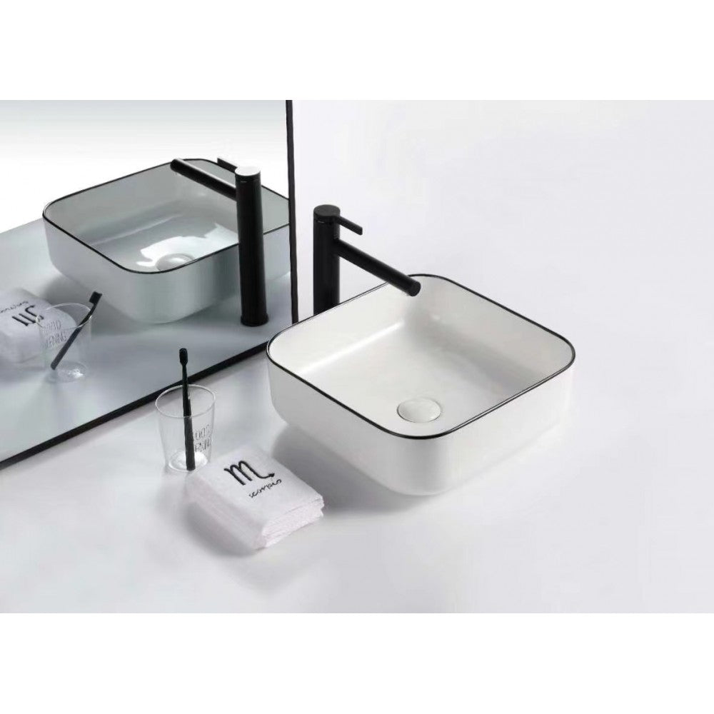 Nyx 15", Lavabo carré en porcelaine - Blanc et noir lustré