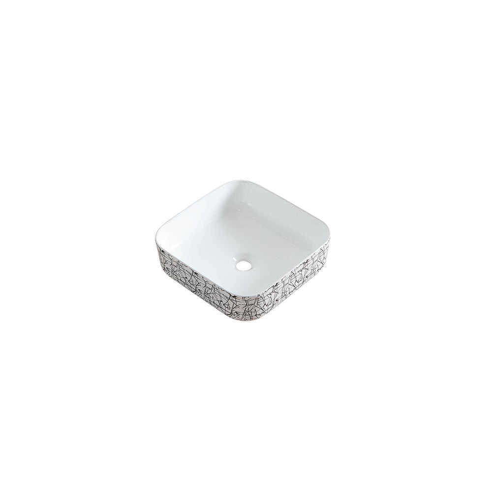 Volva 15", Lavabo carré en porcelaine - Blanc lustré et graphiques