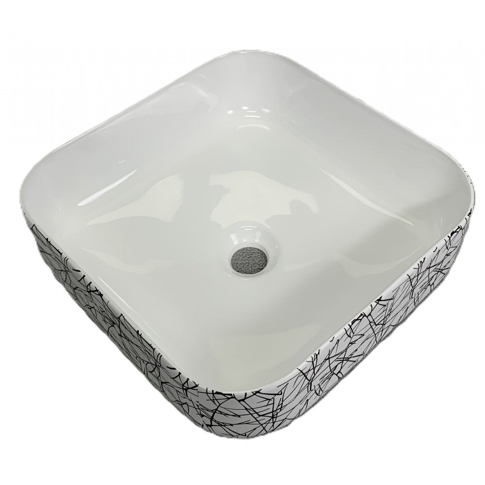 Volva 15", Lavabo carré en porcelaine - Blanc lustré et graphiques