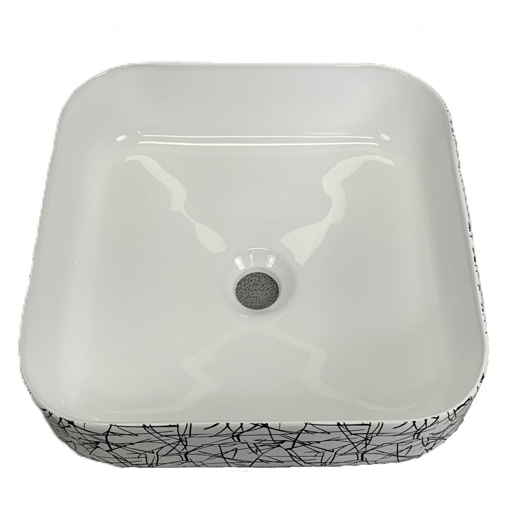 Volva 15", Lavabo carré en porcelaine - Blanc lustré et graphiques