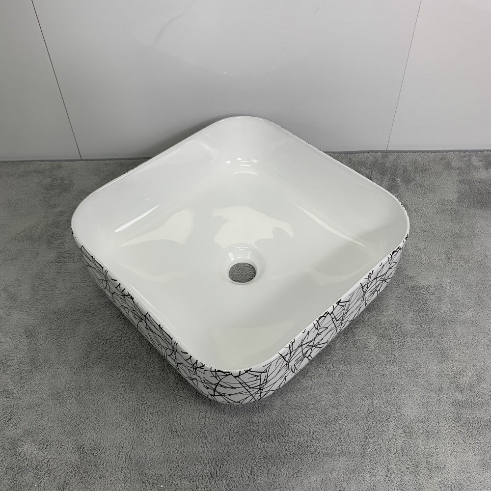 Volva 15", Lavabo carré en porcelaine - Blanc lustré et graphiques