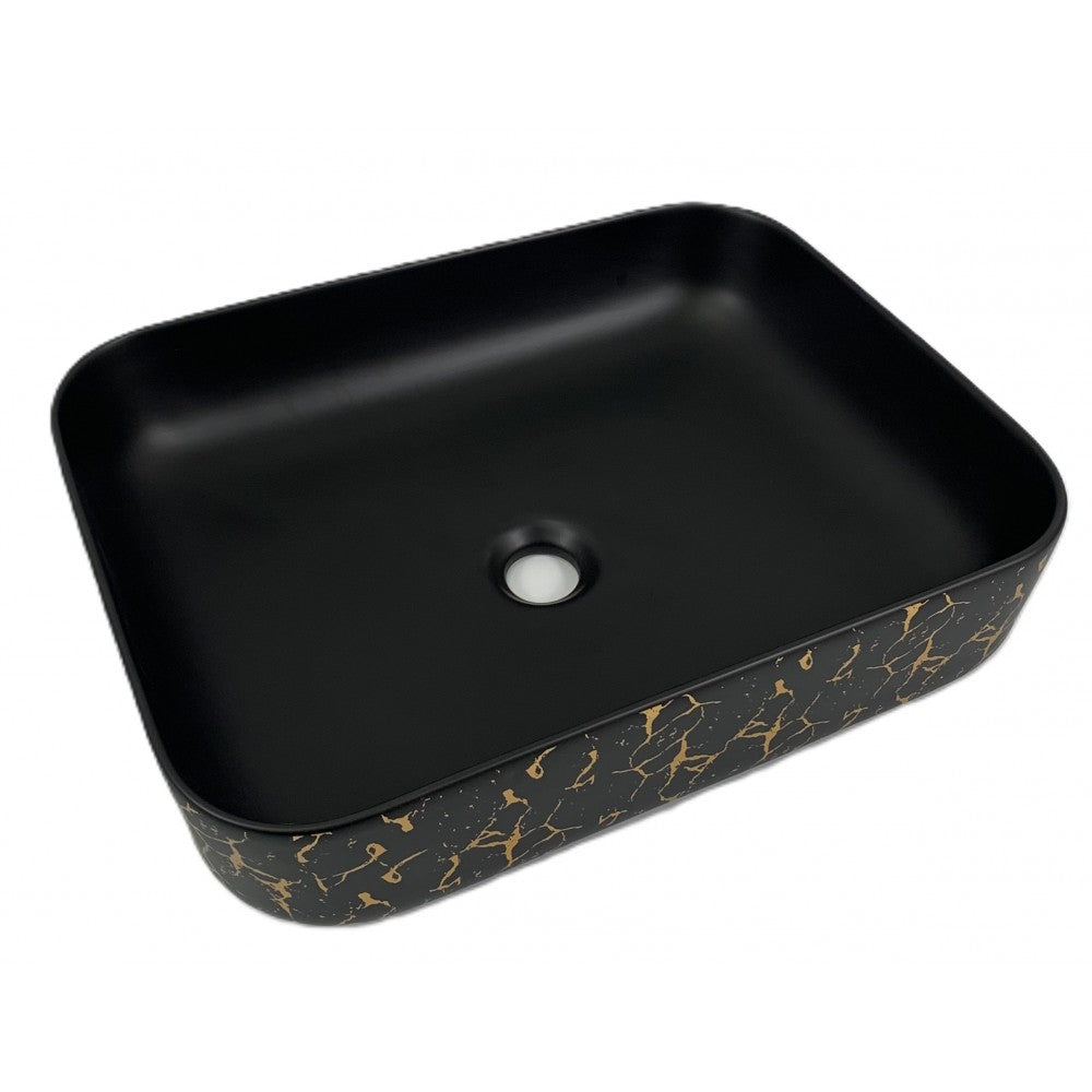 Volva, Lavabo carré en porcelaine - Fini noir mat et marbrure dorée