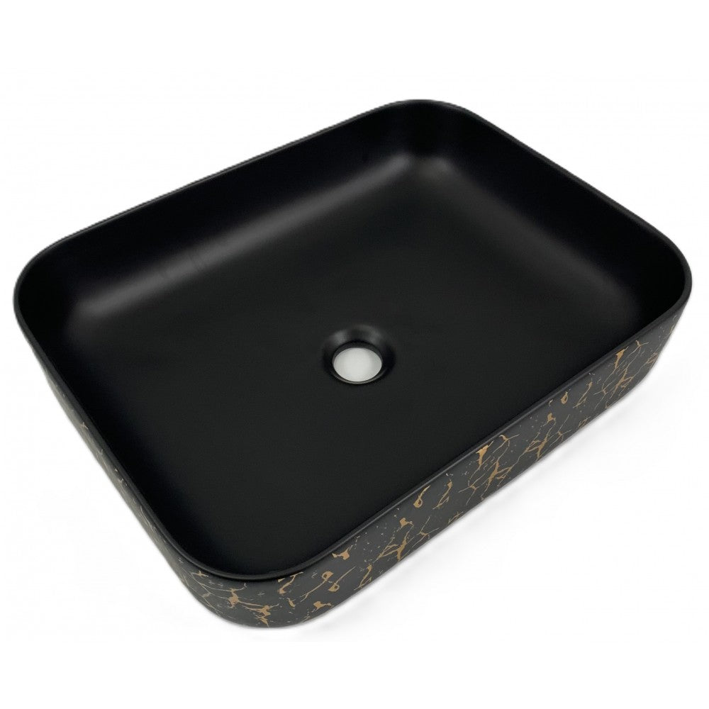 Volva, Lavabo carré en porcelaine - Fini noir mat et marbrure dorée