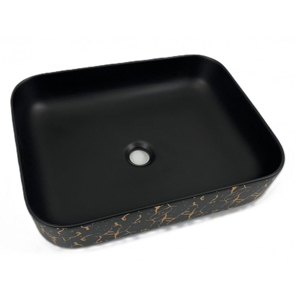 Volva, Lavabo carré en porcelaine - Fini noir mat et marbrure dorée