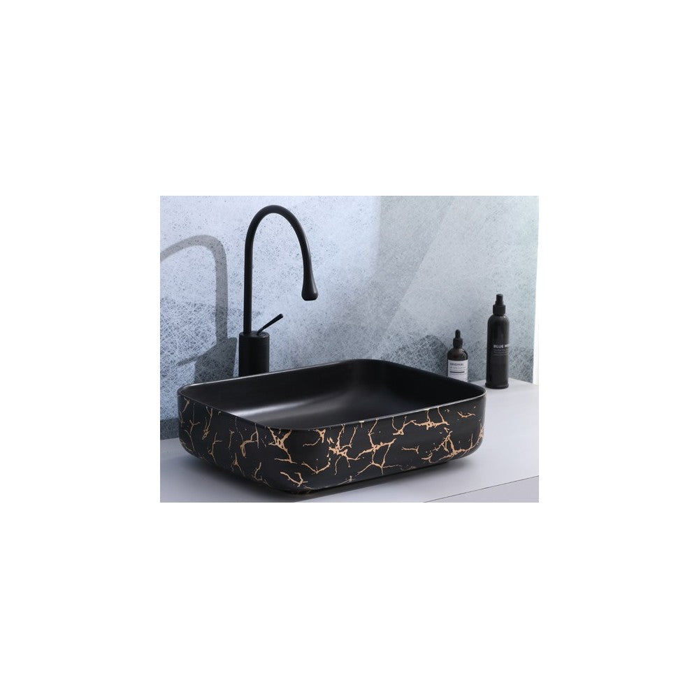 Volva, lavabo carré en porcelaine avec fini noir mat et marbrure dorée