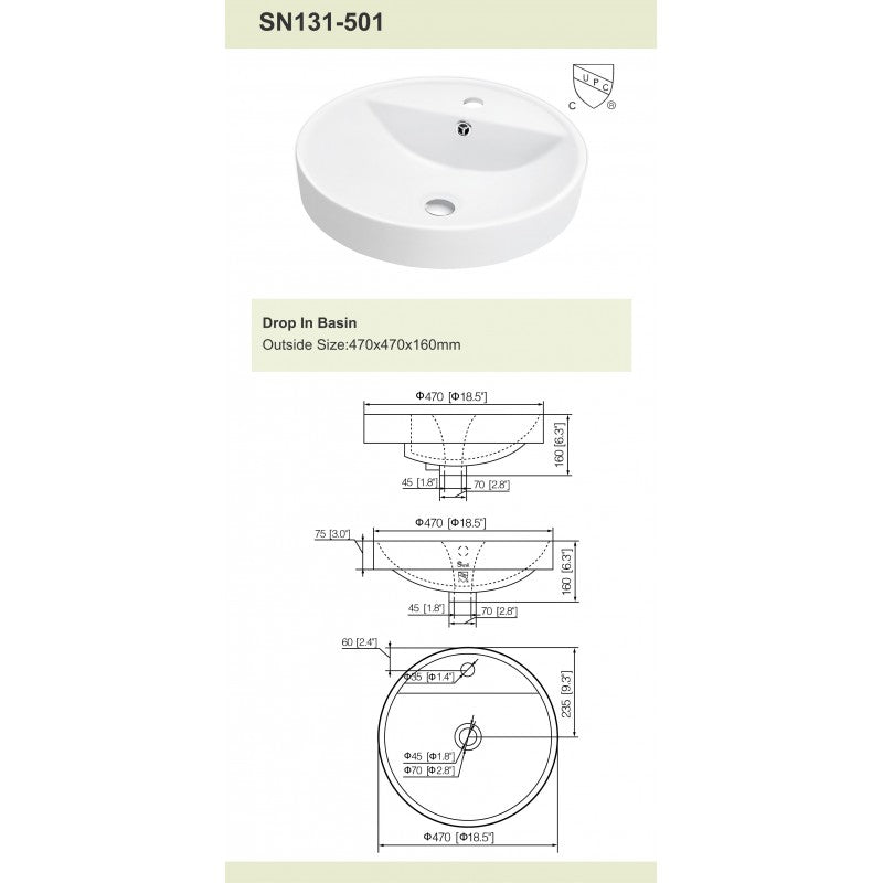 Barbade 18.5", Lavabo en porcelaine