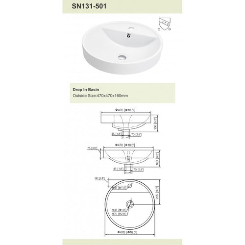 Barbade 18.5", Lavabo en porcelaine