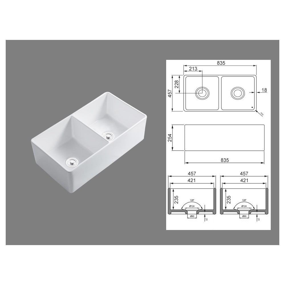 Balios, 33" Évier Double en porcelaine blanc lustré