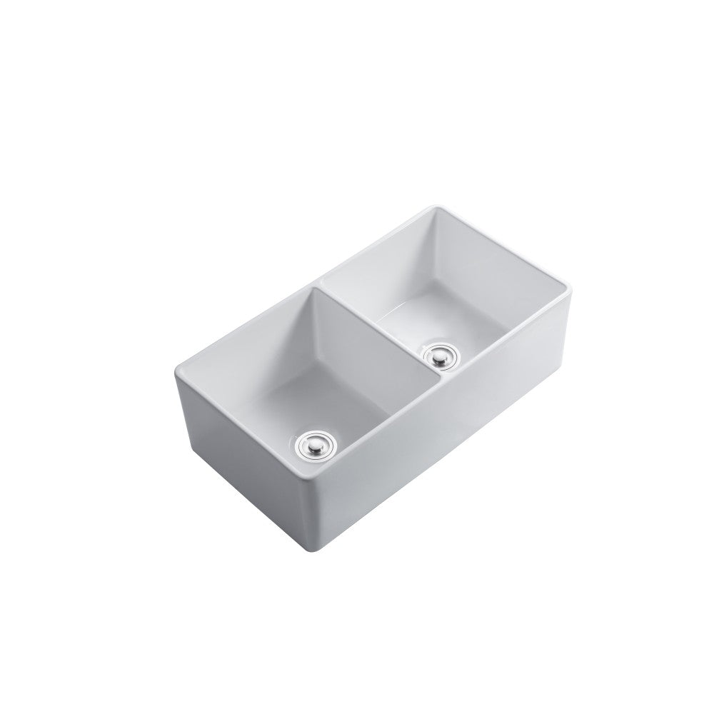 Balios, 33" Évier Double en porcelaine blanc lustré