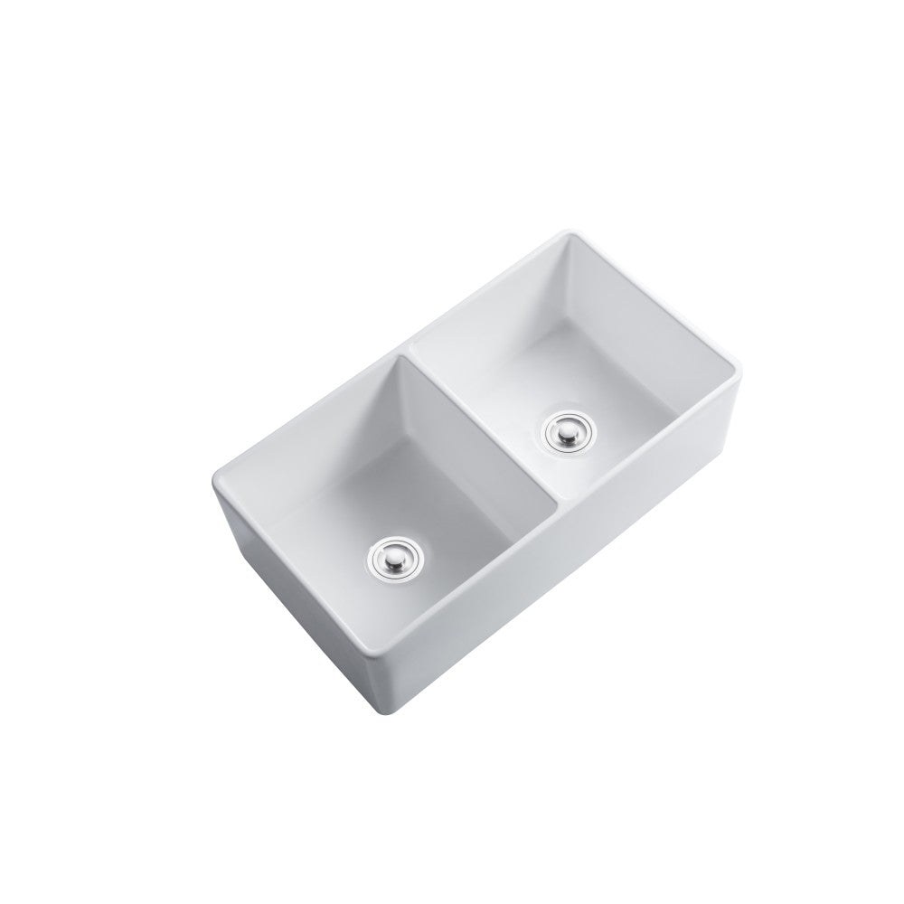 Balios, 33" Évier Double en porcelaine blanc lustré