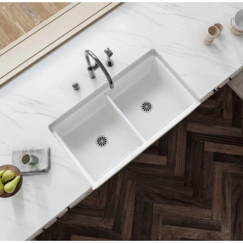 Balios, 33" Évier Double en porcelaine blanc lustré