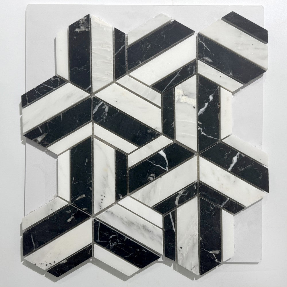 Mosaïque Marbre Noir – Étoile contrastée, salle de bain & cuisine