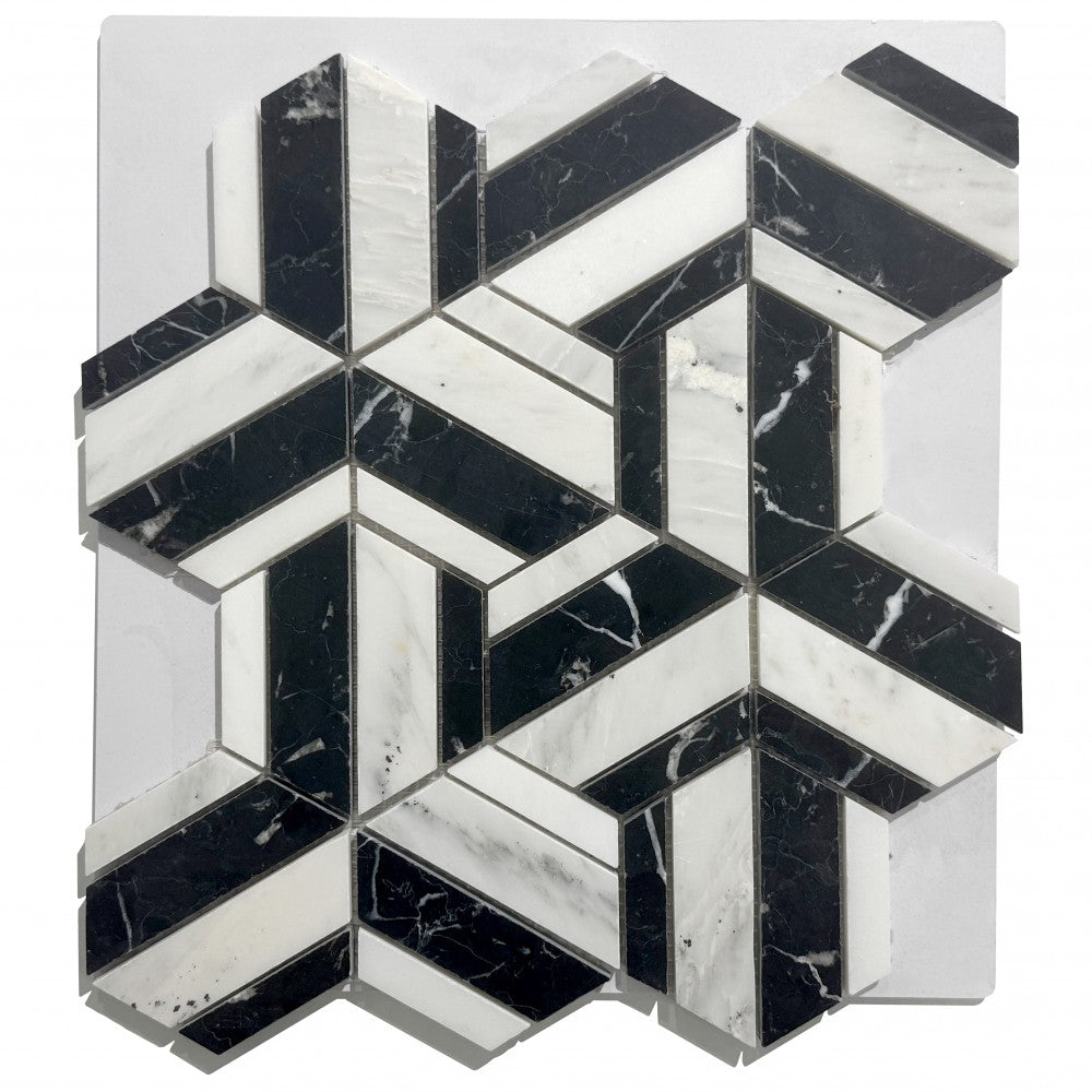 Mosaïque Marbre Noir – Étoile contrastée, salle de bain & cuisine