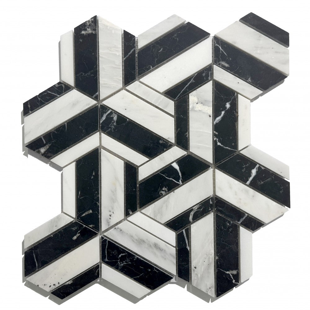 Mosaïque Marbre Noir – Étoile contrastée, salle de bain & cuisine