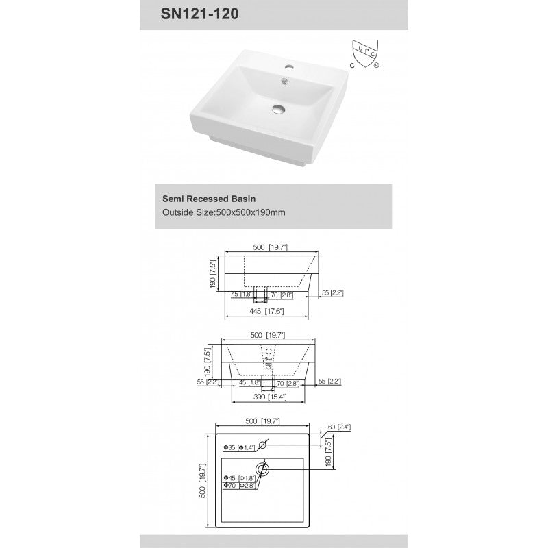 Kali, Lavabo en porcelaine semi encastré