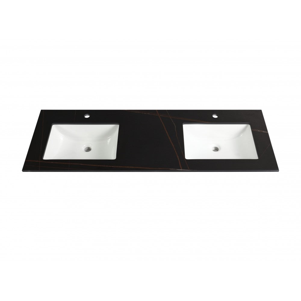 Dessus de vanité noir 60" avec lignes dorées, double lavabos