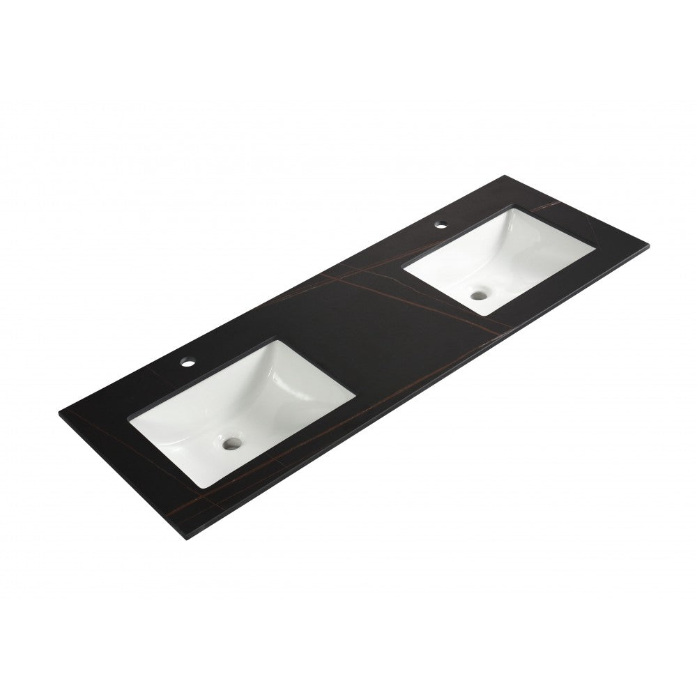 Dessus de vanité noir 60" avec lignes dorées, double lavabos