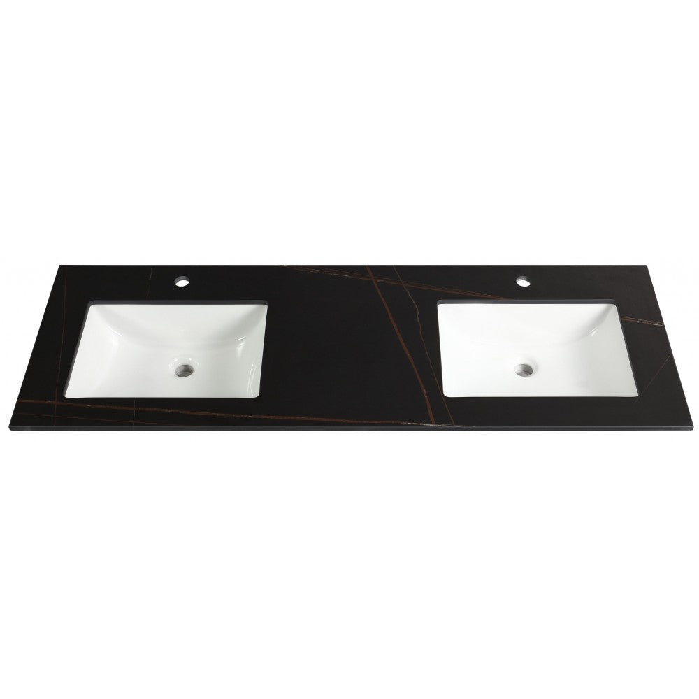 Dessus de vanité noir 60" avec lignes dorées, double lavabos