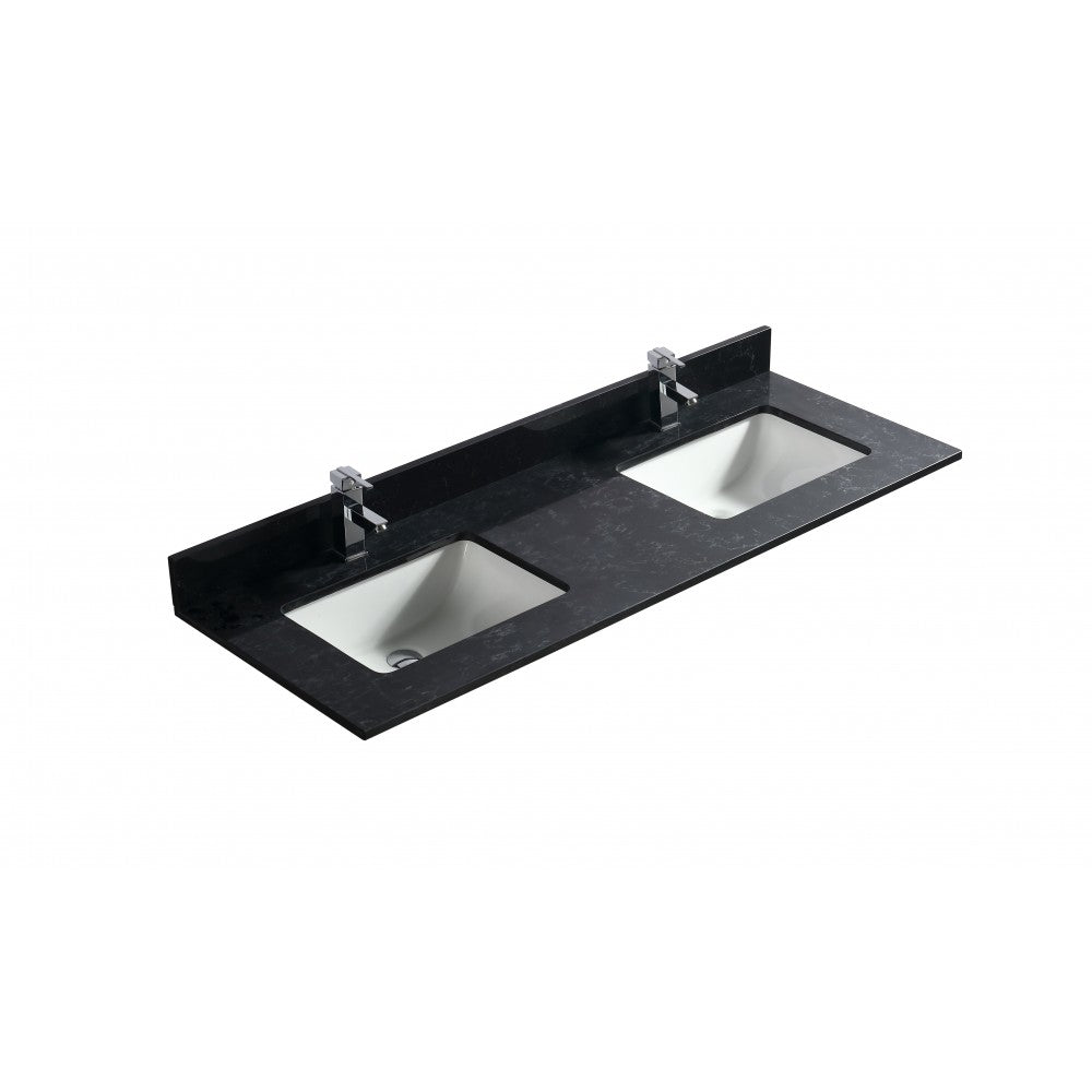 Dessus de vanité noir 60" en quartz avec deux lavabos en porcelaine sous-plan