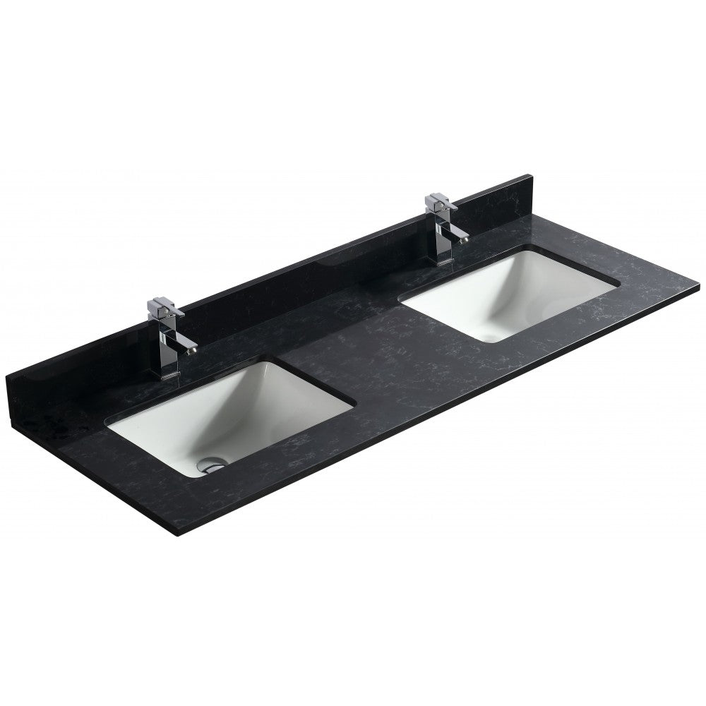 Dessus de vanité noir 60" en quartz avec deux lavabos en porcelaine sous-plan